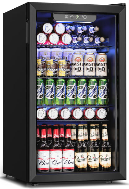 Feelfunn Beverage Refrigerator and Cooler - 126 Can Mini Fridge Glass Door for Soda Beer Wine - Freestanding Beverage Fridge for Bedroom Office Bar, 4 Adjustable Shelves, 3.2 Cu.Ft, Black