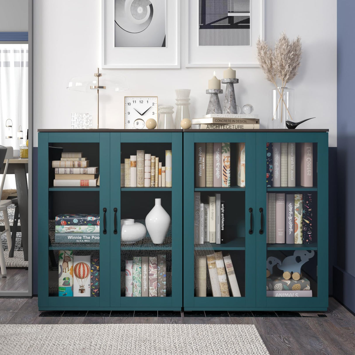 Vrullu Storage Cabinet, Green Free Standing Buffet Cabinet, Accent Kitchen Cabinet with Tempered Glass Doors, Wood Display Cabinet with Adjustable Shelf, Curio Cabinet for Living Room, Hallway Vrullu