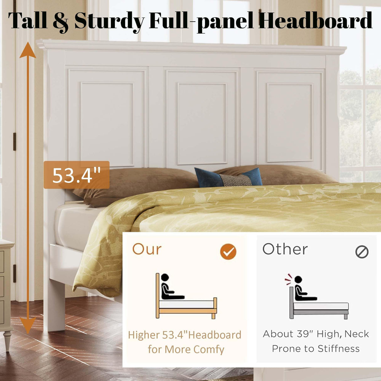 Mirightone King Size Platform Bed with Tall Headboard & Footboard in White Pinewood Mirightone