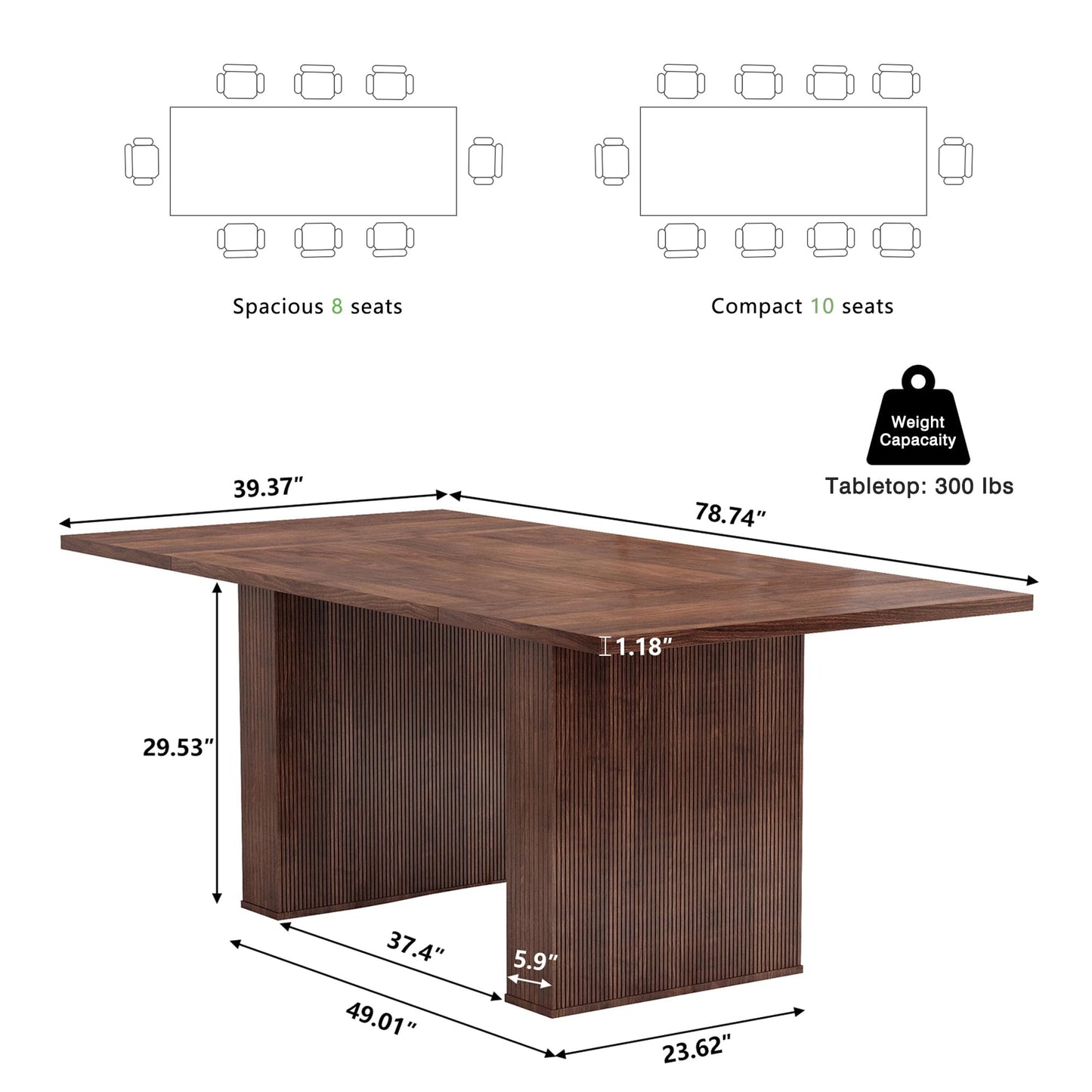 weselon 78 Inch Dining Table for 6 8 10, Modern Farmhouse Rectangular Kitchen Table, Long Dining Room Tables with Wood Strip Base for Kitchen Living Room (Walnut) - WoodArtSupply