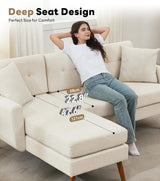 Tbfit L Shaped Couch Sofa, 80" W Mid-Century Modern Sectional Couches, 3 Seater Sofas with Wide Chaise Lounge & Two Pillows,Button Tufted Upholstered Sectional Sofa for Living Room, Bedroom, Beige Tbfit