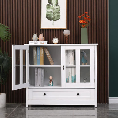 Large Buffet Cabinet for Living Room Kitchen, White Storage Sideboard with Glass Doors and Drawer, Credenza Console Table for Dining Room Entryway, Wooden Serve Cupboard Pantry Cabinet with S - WoodArtSupply