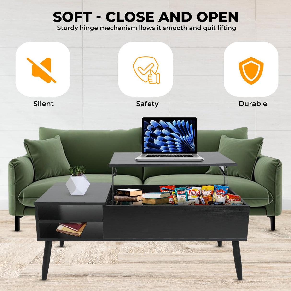 MGHH Wood Lift Top Coffee Table with Hidden Compartment & Adjustable Storage Shelf, Side Tables Lift Tabletop Dining Table for Home Living Room, Office, Reception Room, Black MGHH