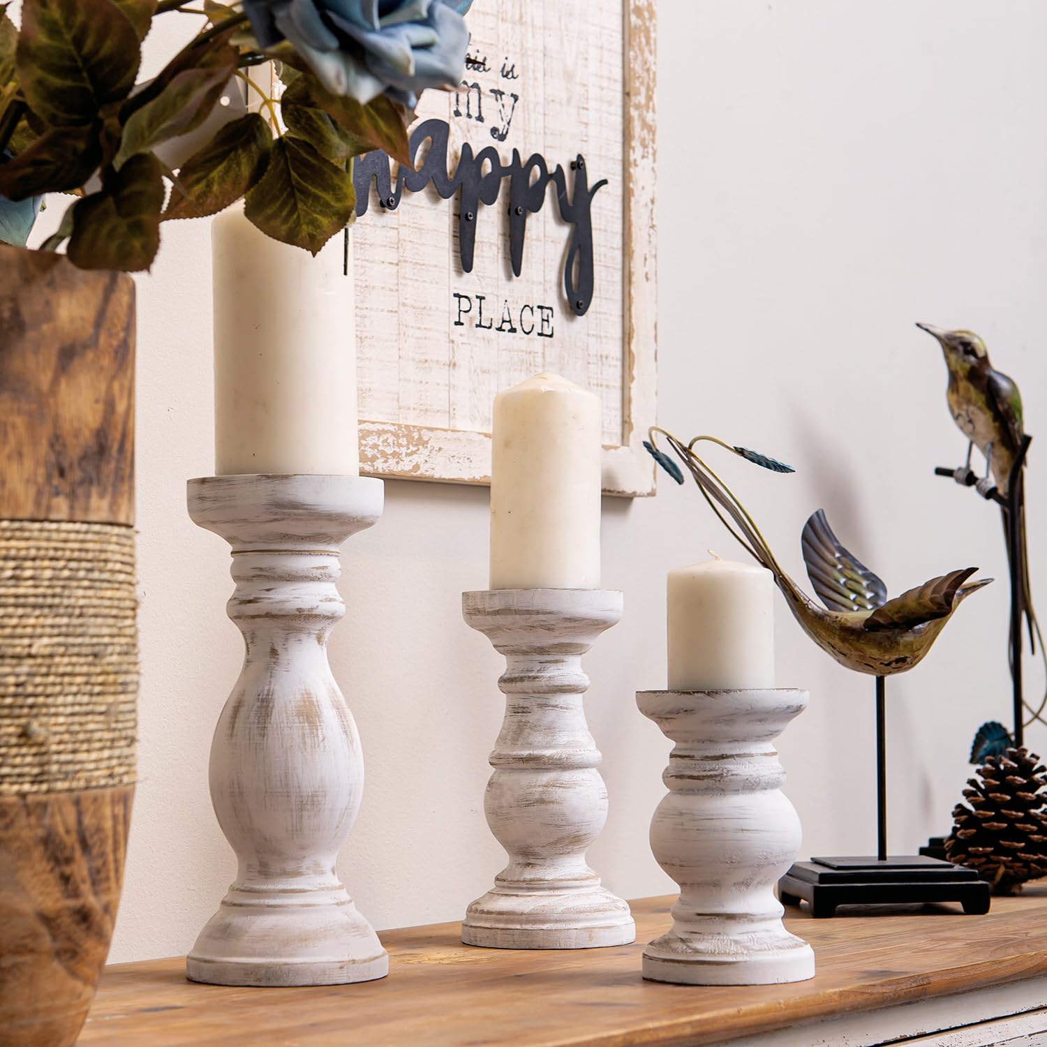 NIKKY HOME Pillar Candle Holder Set of 3 - Farmhouse Wood Candle Stand, Mantle Decor Centerpieces for Fireplace, Living or Dining Room Table, Distressed White - WoodArtSupply