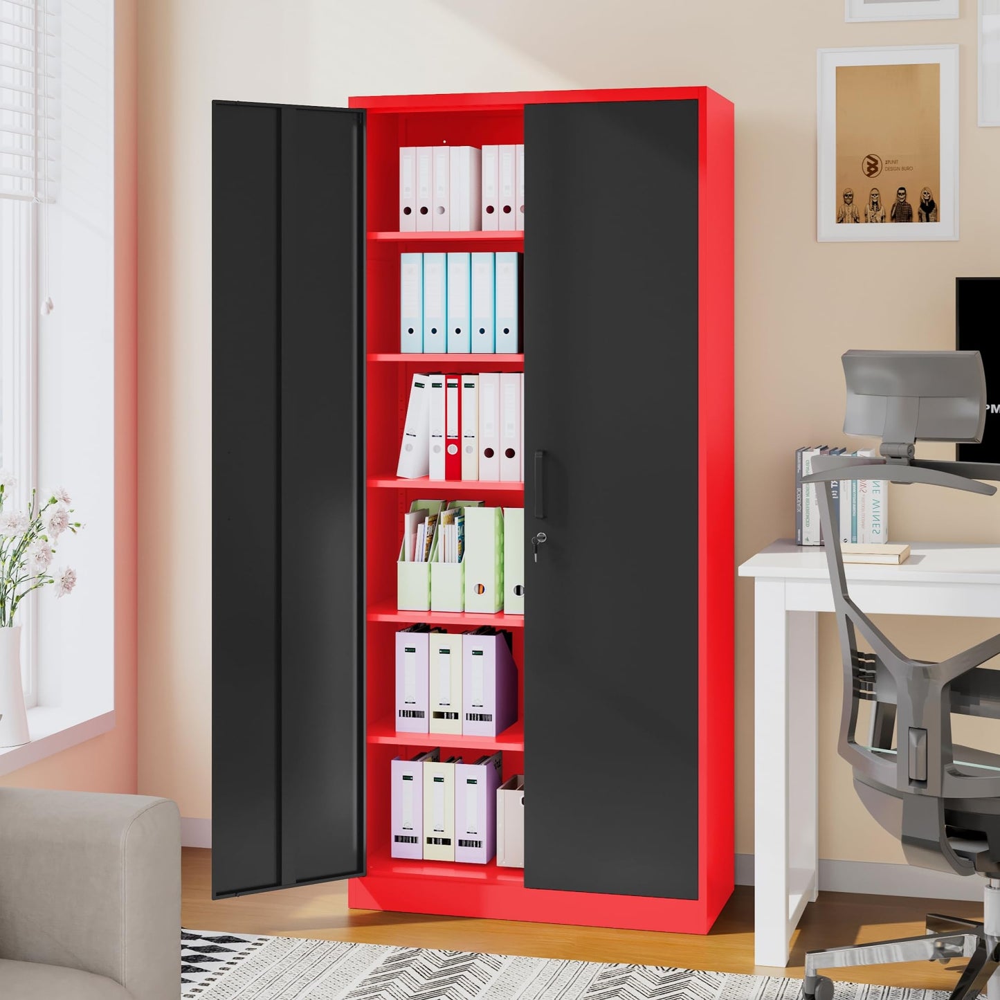 Garage Storage Cabinet with 5 Adjustable Shelves,Metal Storage Cabinet with Lock,Red Black Metal Cabinet with Locking Doors,Steel Cabinet,71" Lockable Storage Cabinet for Home,Office,Garage Cabinets