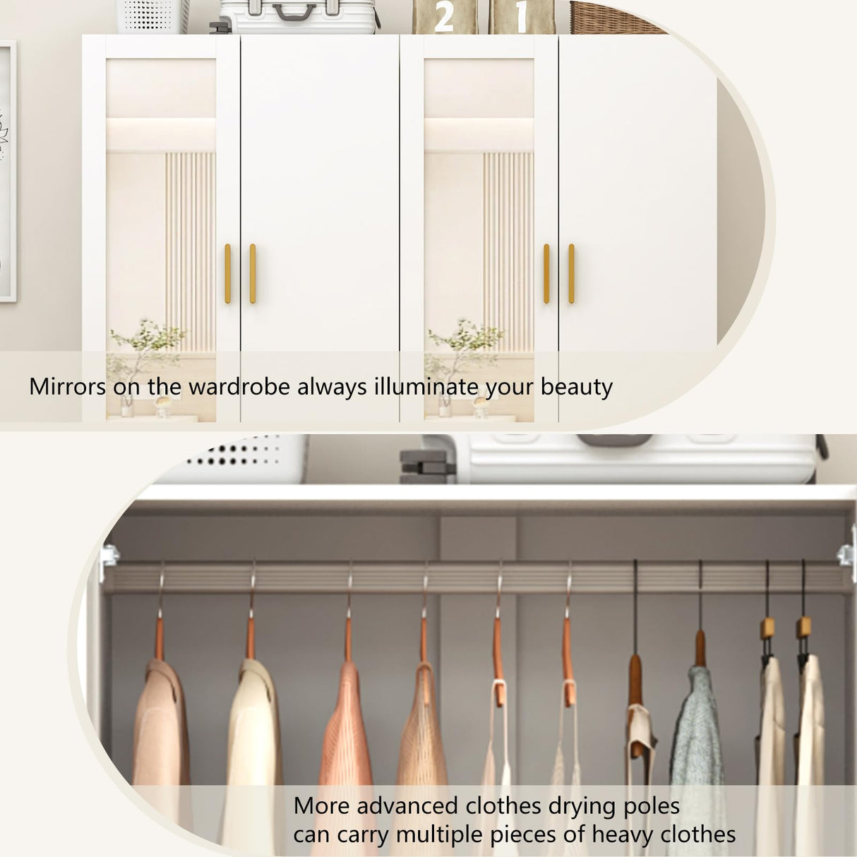 jiteentarou 2 Door Wardrobe Closet with Mirrors and LED Lights, Small Bedroom Armoire with Drawers, Modern Wooden Armoire Wardrobe Closet with Hanging Rod for Bedroom, White jiteentarou