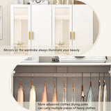 jiteentarou 2 Door Wardrobe Closet with Mirrors and LED Lights, Small Bedroom Armoire with Drawers, Modern Wooden Armoire Wardrobe Closet with Hanging Rod for Bedroom, White jiteentarou