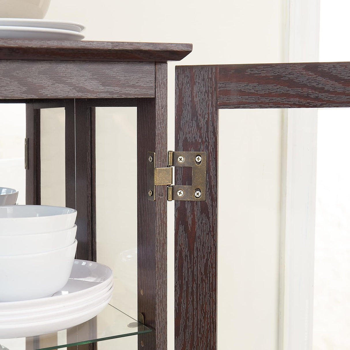 Lighted Glass Cabinet Curio Display Cabinet with Adjustable Glass Shelves 2 Doors and 1 Drawer Farmhouse Buffet Sideboard, Bulb Included, Brown Bituman