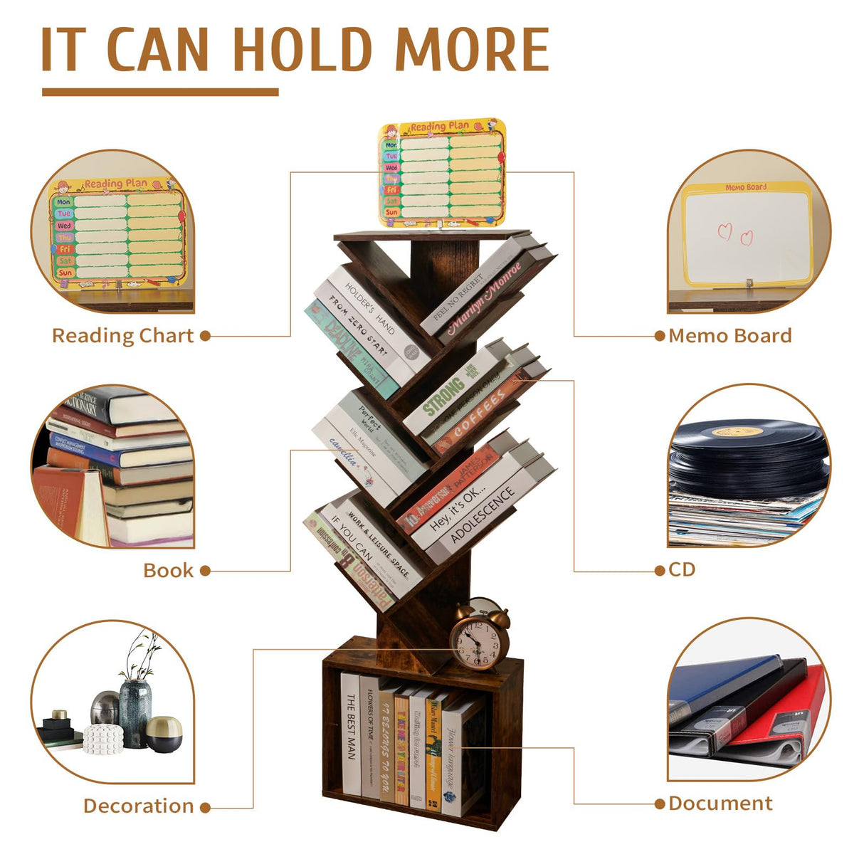 7 Tier Tree Book shelf, Small Bookcase with Reading Planner and Activity Panel, Modern Floor Standing Corner Tall Narrow Storage Cabinet Bookshelves for Home Office Bedroom Living Room (Rustic Brown) FredCache