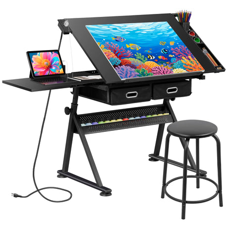 JupiterForce Drafting Table Art Desk w/Power Outlet and Stool, Adjustable Tilting Drawing Table Artist Desk with 2 Storage Drawers, Art Craft Work Station for Home Office Working, Writing, Crafting JupiterForce