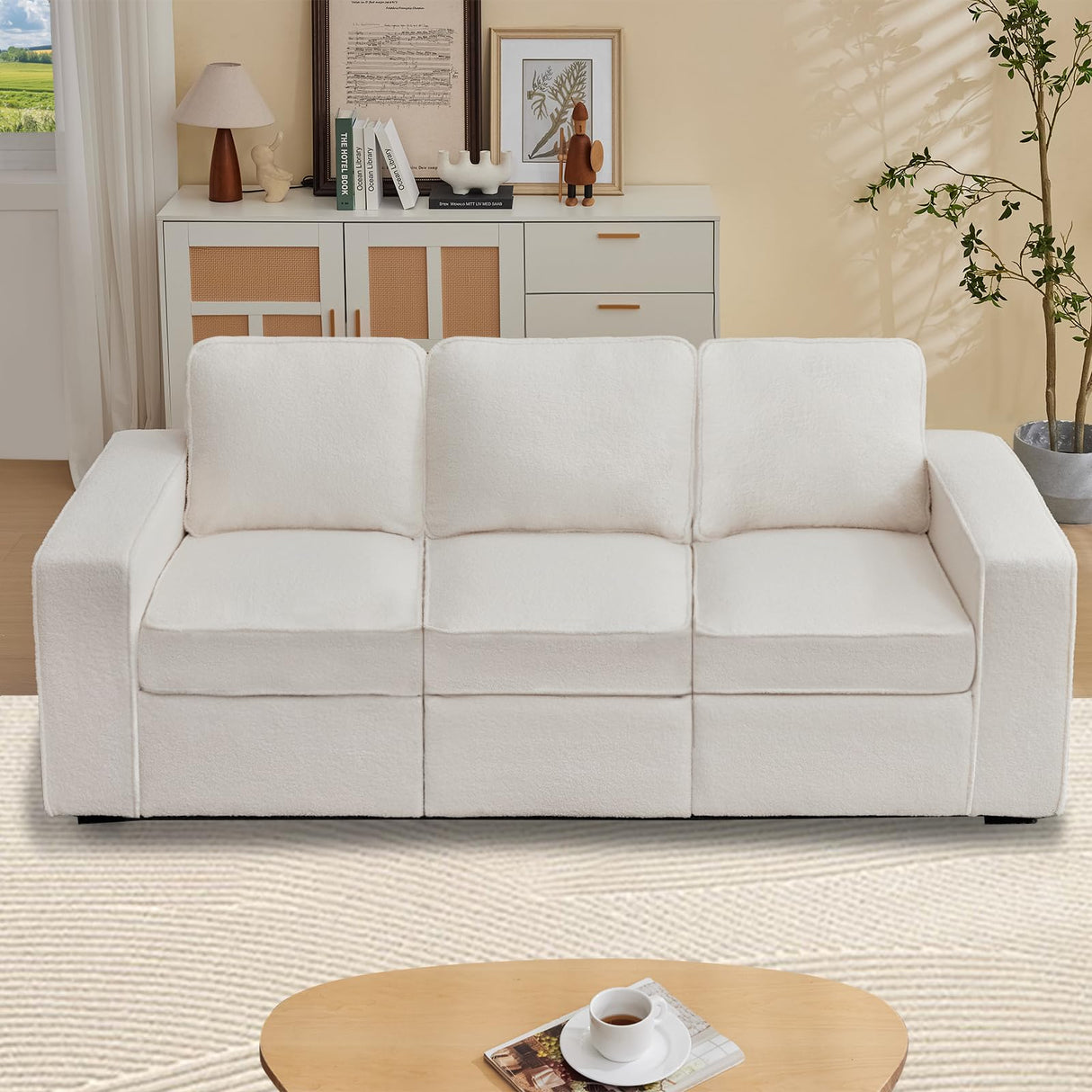 Orcalic 80'' Sofa Couch for Living Room, Mid Century Modern Loveseat Sofa with Side Pocket, 3-Seater Couches for Bedroom, Apartment, Office, Teddy Wool White Orcalic