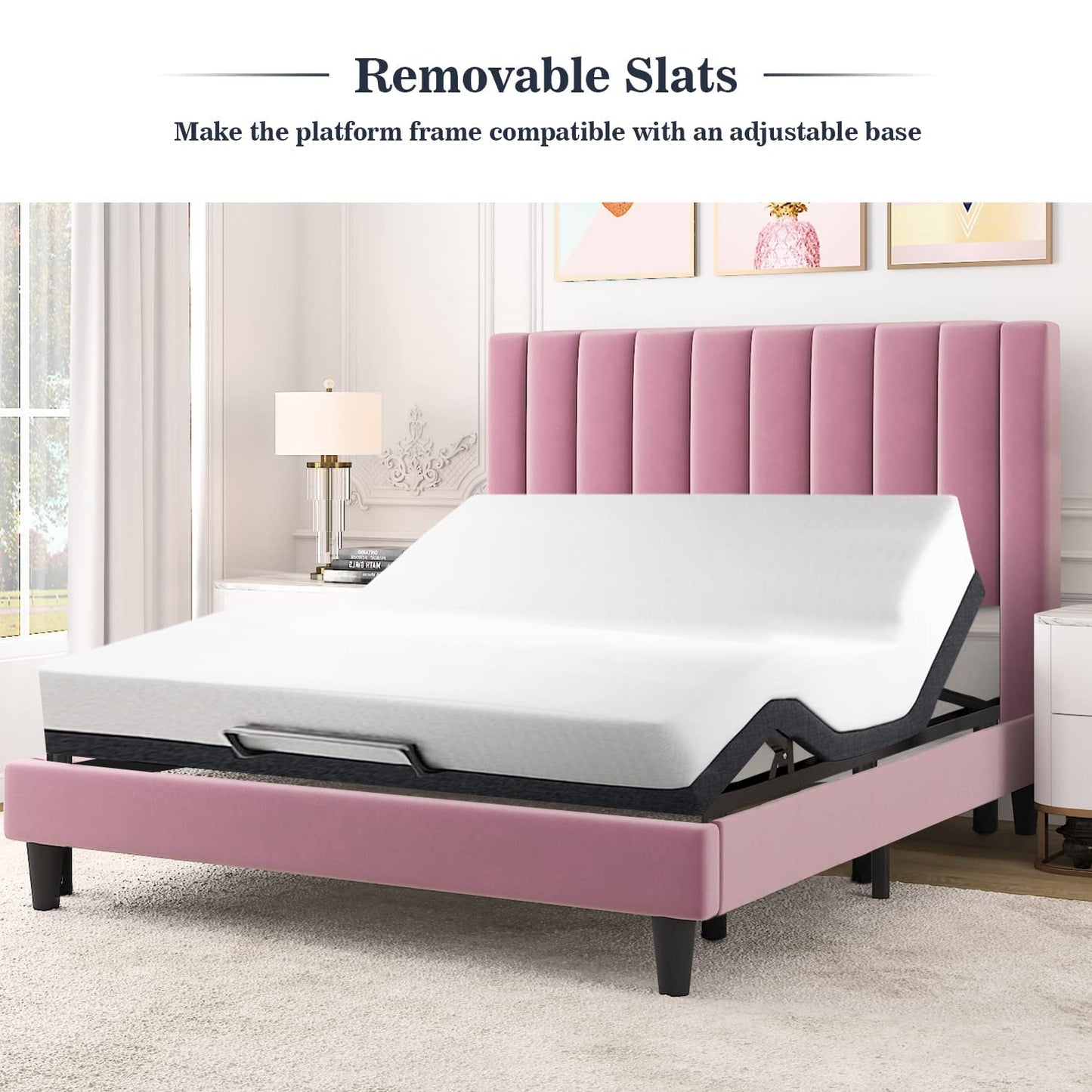 Allewie Full Platform Bed Frame/Velvet Upholstered Bed Frame with Vertical Channel Tufted Headboard/Strong Wooden Slats/Mattress Foundation/Box Spring Optional/Easy Assembly/Pink