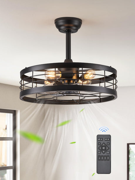 LEDIARY 20 inch Fandelier Caged Ceiling Fan with Light, Bladeless Ceiling Fan with Remote, Farmhouse Fan Lights Ceiling Fixtures for Kitchen, Bedroom, Outdoor(6 Speed, Timing)-Black LEDIARY