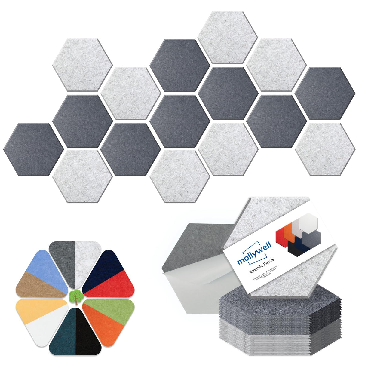 Mollywell Hexagon Acoustic Panels, High Density, Soundproofing, Decorative Noise Reduction Felt Wall Tiles for Ceilings, Home Office & Gaming Room (Moon and Silver Gray), 14×12×0.4 Inch Mollywell