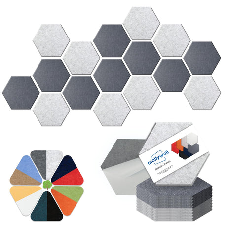 Mollywell Hexagon Acoustic Panels, High Density, Soundproofing, Decorative Noise Reduction Felt Wall Tiles for Ceilings, Home Office & Gaming Room (Moon and Silver Gray), 14×12×0.4 Inch Mollywell