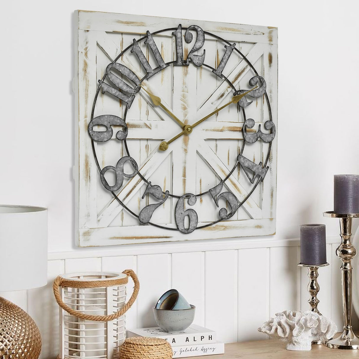 EMAX HOME Large Farmhouse Wall Clock – 24 Inch Square Rustic Wooden Clock with Decorative Reversible Wooden Sign, Perfect for Any Space and Ideal Gift EMAX HOME