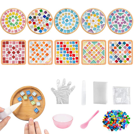 Adboros 10 Sets DIY Glass Mosaic Tiles for Crafts Mixed Color Mosaic Kits with Wooden Coaster for Adults Bamboo Coaster for Drinks Tray Handmade Home Decoration Adboros