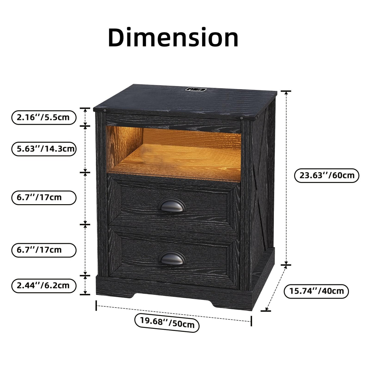 FONTOI Farmhouse Nightstand with Charging Station, End Table with Drawers, Bedside Table with 3 LED Lights Modes, Wood Nightstand with Smart Human Sensor for Bedroom, Black, Set of 2 FONTOI