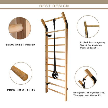 Swedish Ladder Wood Stall Bar Suspension Trainer – Physical Therapy & Gymnastics Ladder w/ 11 Strategic Rods and Training Strap. Solid Pine.