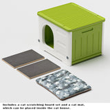 Plastic Cat House for Outdoor Indoor Use, Stackable Feral Cat Shelter Indoor Cat House Insulated Weatherproof Waterproof Elevated with Cat Scratching Board & Cushion (Green) TSEHOOHOO