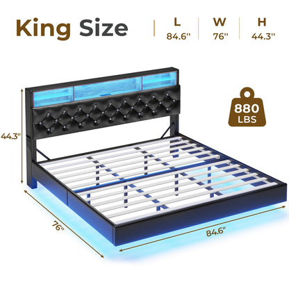 BTHFST King Size Floating Bed Frame with Hidden Storage, LED Lights, and Charging Station - WoodArtSupply