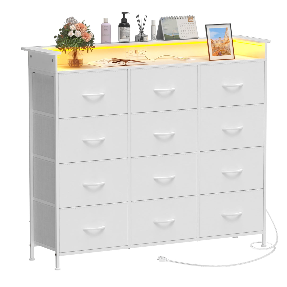 Welfuturer White Dresser with LED Lights and Charging Station for Bedroom 12 Drawers Dressers & Chest of Drawers Tall Dressers for Hallway Entryway Closets Living Rom Sturdy Steel Frame Wood Top Welfuturer