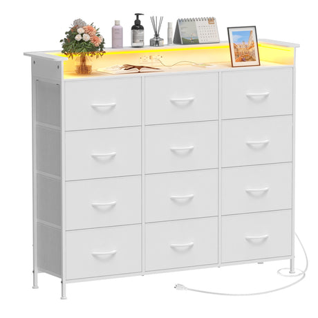 Welfuturer White Dresser with LED Lights and Charging Station for Bedroom 12 Drawers Dressers & Chest of Drawers Tall Dressers for Hallway Entryway Closets Living Rom Sturdy Steel Frame Wood Top Welfuturer
