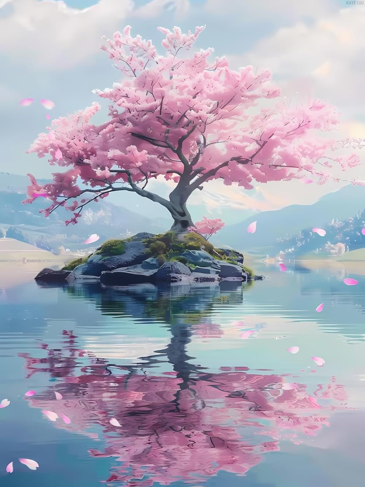 KAYEIUU Diamond Painting Kits for Adults Cherry Blossom Tree on an Island Cherry Blossom 5D DIY Diamond Art Kits Full Drill Diamond for Gift Wall Decor and Relaxation Gem Arts 12x16 inch KAYEIUU