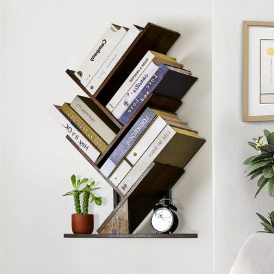 BESHIGH Wood Floating Hanging Shelves Storage for Wall, 4 Tier Wall Mount Tree Bookshelf for Displaying Books/CDs/Magazine, Unique Wall Bookcase for Home, Office, Living Room