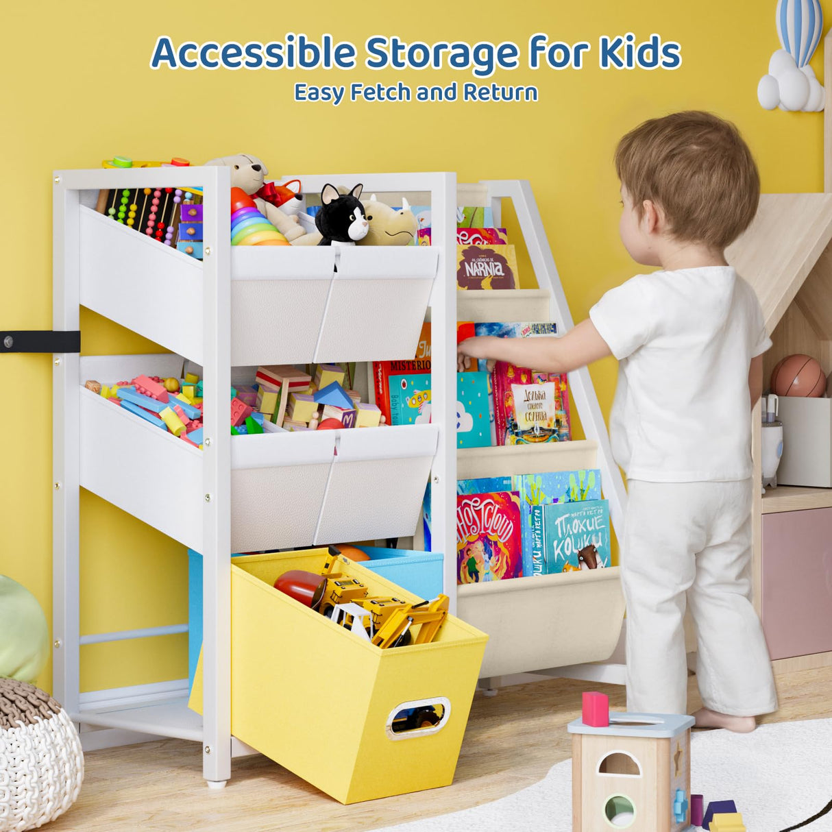 LATIBELL Kids Bookshelf Toy Storage Organizer - Book Shelf for Kid Rooms, 6 Toy Bins for Kid Organizer and 3 Sling Kids Bookcase, Toddler Baby Montessori Nursery Bookshelf Childrens Book Rack Display LATIBELL