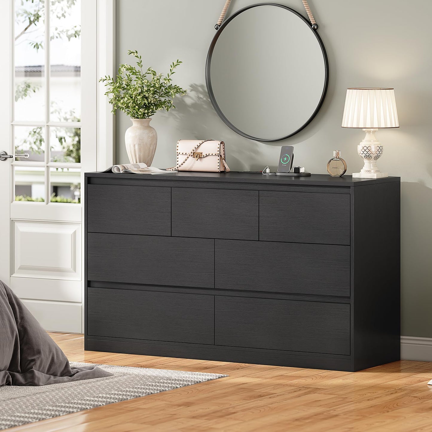 AOGLLATI Black Dresser for Bedroom, Modern Long Dresser with 7 Drawers, Dressers & Chest of Drawers with Charging Station Handle Free, Wooden Wide 7 Drawer Dresser for Bedroom Living Room,Bla - WoodArtSupply