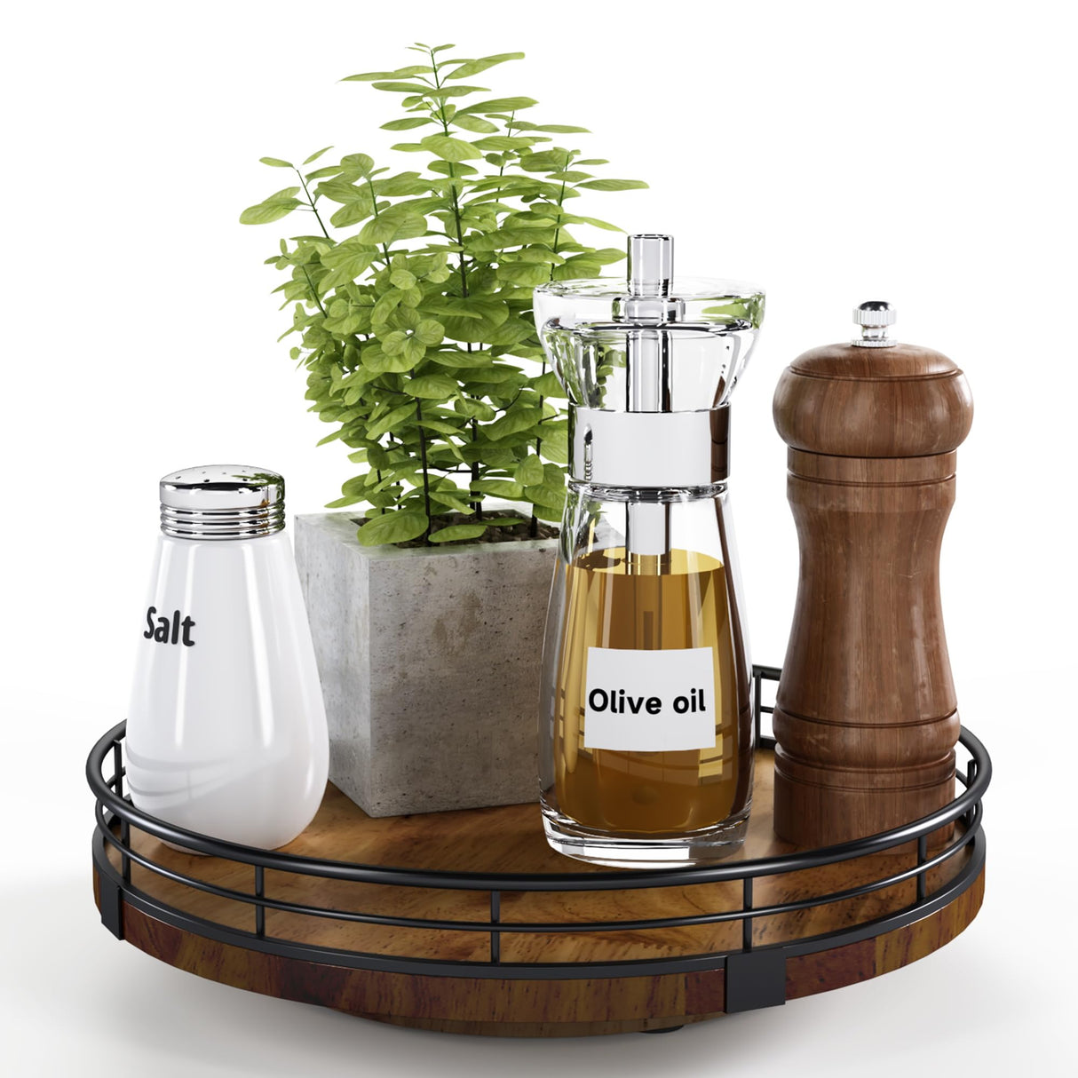 Farmhouse Oak 9" Lazy Susan Turntable Organizer for Cabinet, Round Wooden Lazy Susan Organization and Storage for Dining Table, Pantry, Kitchen, Countertop, Cupboard,Home Decor, Walnut Wood AMH