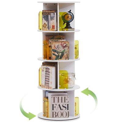 VECELO 4-Tier Rotating Bookshelf with Acrylic Windows - Elegant Pearl White Corner Storage Solution for Home and Office
