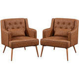 Yaheetech Accent Chair, Living Room Chair Mid Century PU Leather Armchair Lumbar Pillow, Comfy Upholstered Reading Chair Wood Leg Bedroom Brown 2PCS Yaheetech