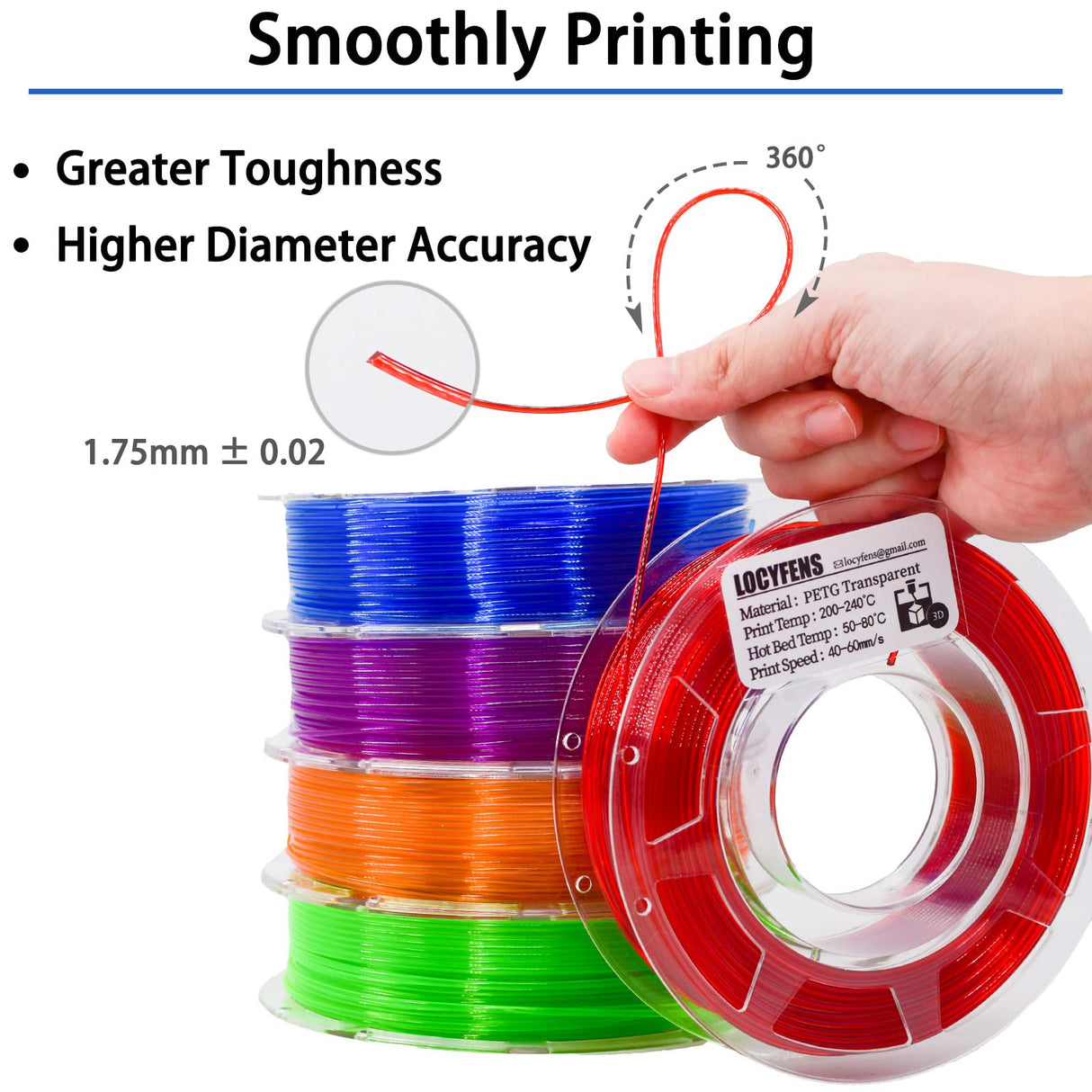 LOCYFENS PETG Filament 1.75mm, Clear Transparent Filament 5 Colors, 3D Printer Filament Bundle Multicolor, 1.75 PETG +/- 0.02mm, 3D Printing Red Green Blue Purple Orange 200g x 5 Spools LOCYFENS