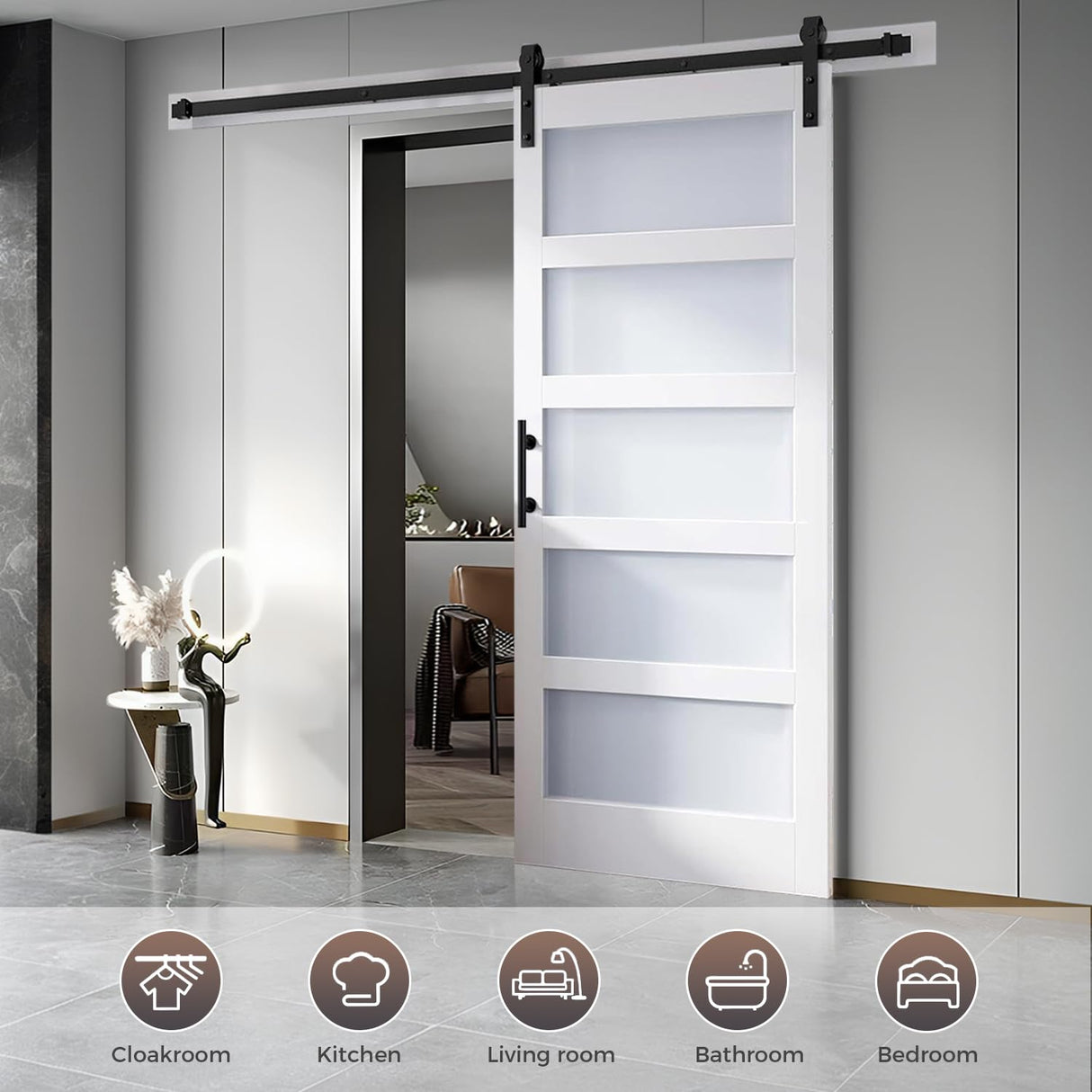 S&Z TOPHAND® 36 in x 84 in Glass Sliding MDF Barn Door with 6.6FT Sliding Door Hardware Kit, 5 Tempered Frosted Glass, Slab Inside Covered with Water-Proof PVC Surface, Simple DIY Assembly S&Z TOPHAND