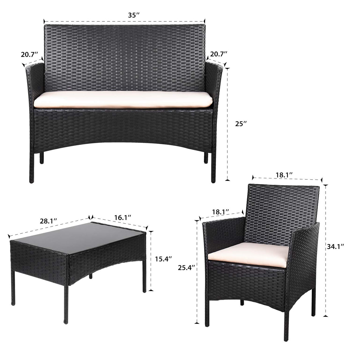 Homall 4 Pieces Patio Rattan Chair Wicker Set,Outdoor Indoor Use Backyard Porch Garden Poolside Balcony Furniture (Black and Beige) Homall