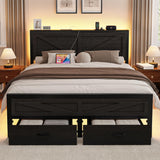 Siihnon Rustic Full Size Bed Frame with Storage Drawers and Barn Door Headboard, Farmhouse LED Bed Frame Full with Charging Station, Metal Industrial Platform Bed Frames, No Box Spring Needed, Black Siihnon
