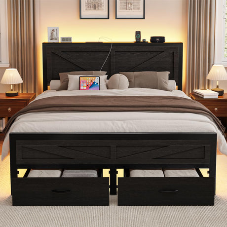 Siihnon Rustic Queen Bed Frame with Storage Drawers and Barn Door Headboard, Farmhouse LED Bed Frame Queen Size with Charging Station, Metal Industrial Platform Bed Frames, No Box Spring Needed, Black Siihnon