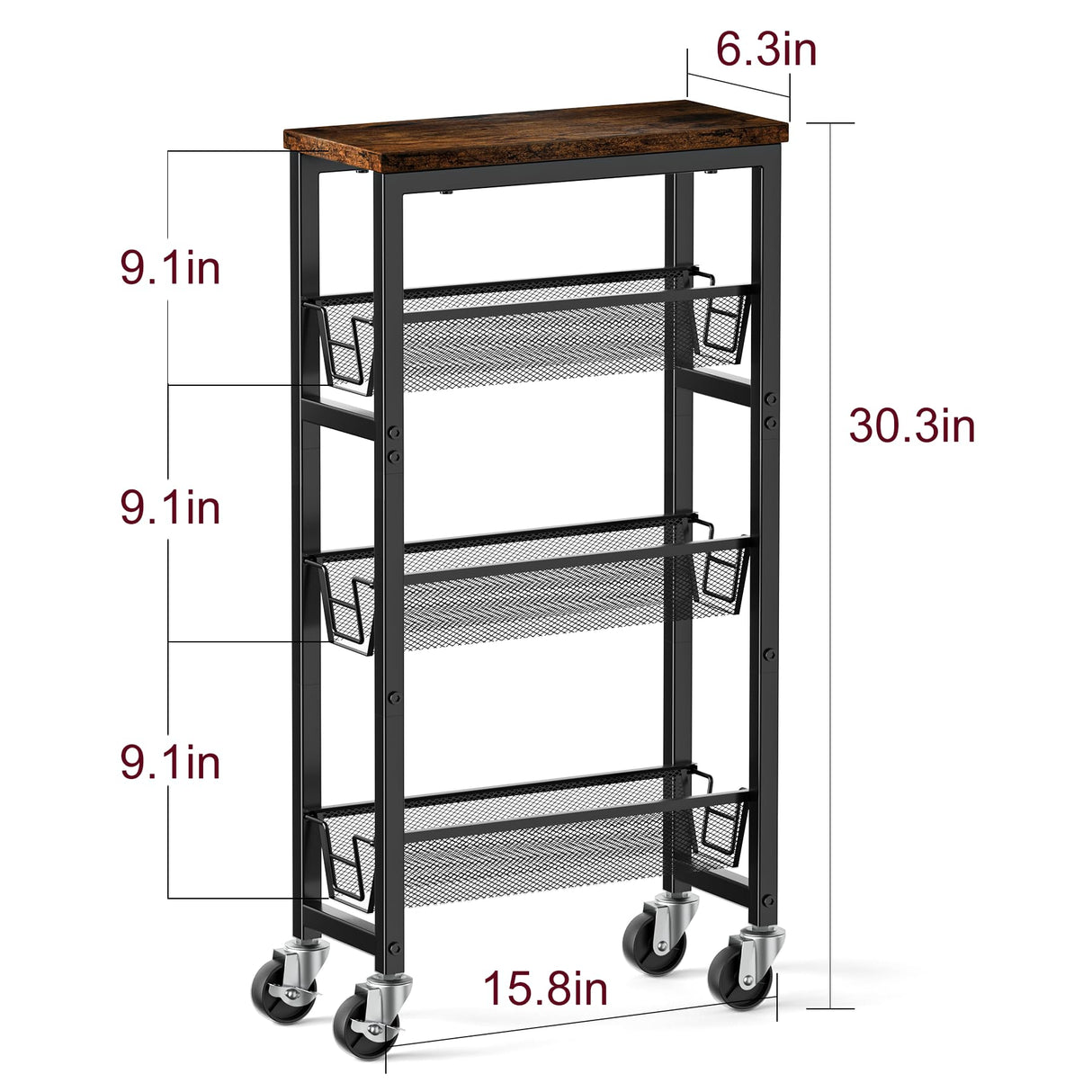 Honest Slim Storage Cart 4-Tier Slim Rolling Cart with Metal Frame and Wooden Top, 6.3 Inches, Storage Cart for Kitchen, Dining Room, Living Room, Bathroom, Home Office, Rustic Brown and Black HONEST OUTFITTERS