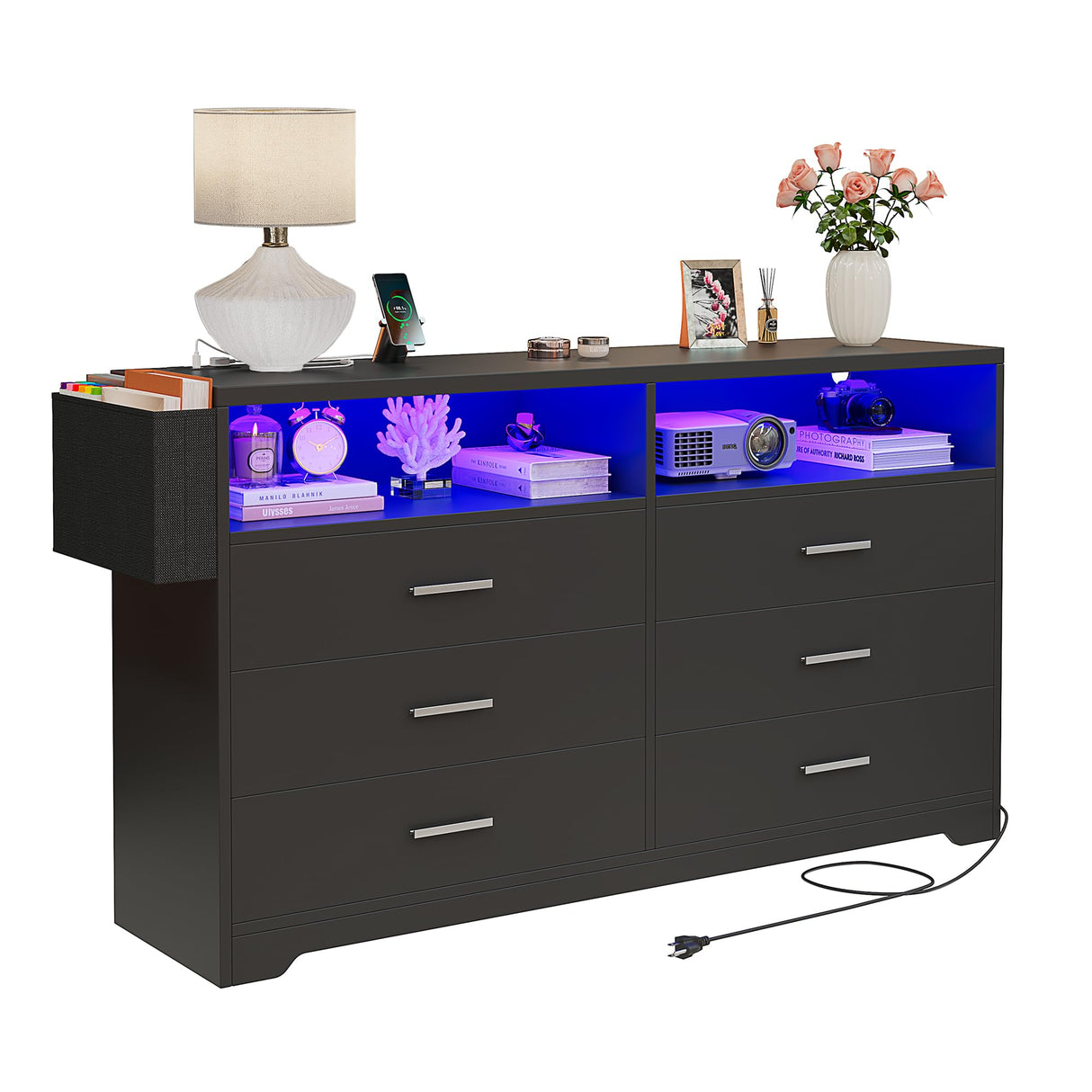 Whalefall Bedroom Dresser with LED Lights, Black 6 Drawers Dresser for Bedroom with Charging Station 55in Large Chest of Drawers, Wood Dresser TV Stand for Living Room Closet Entryway (Black) Whalefall