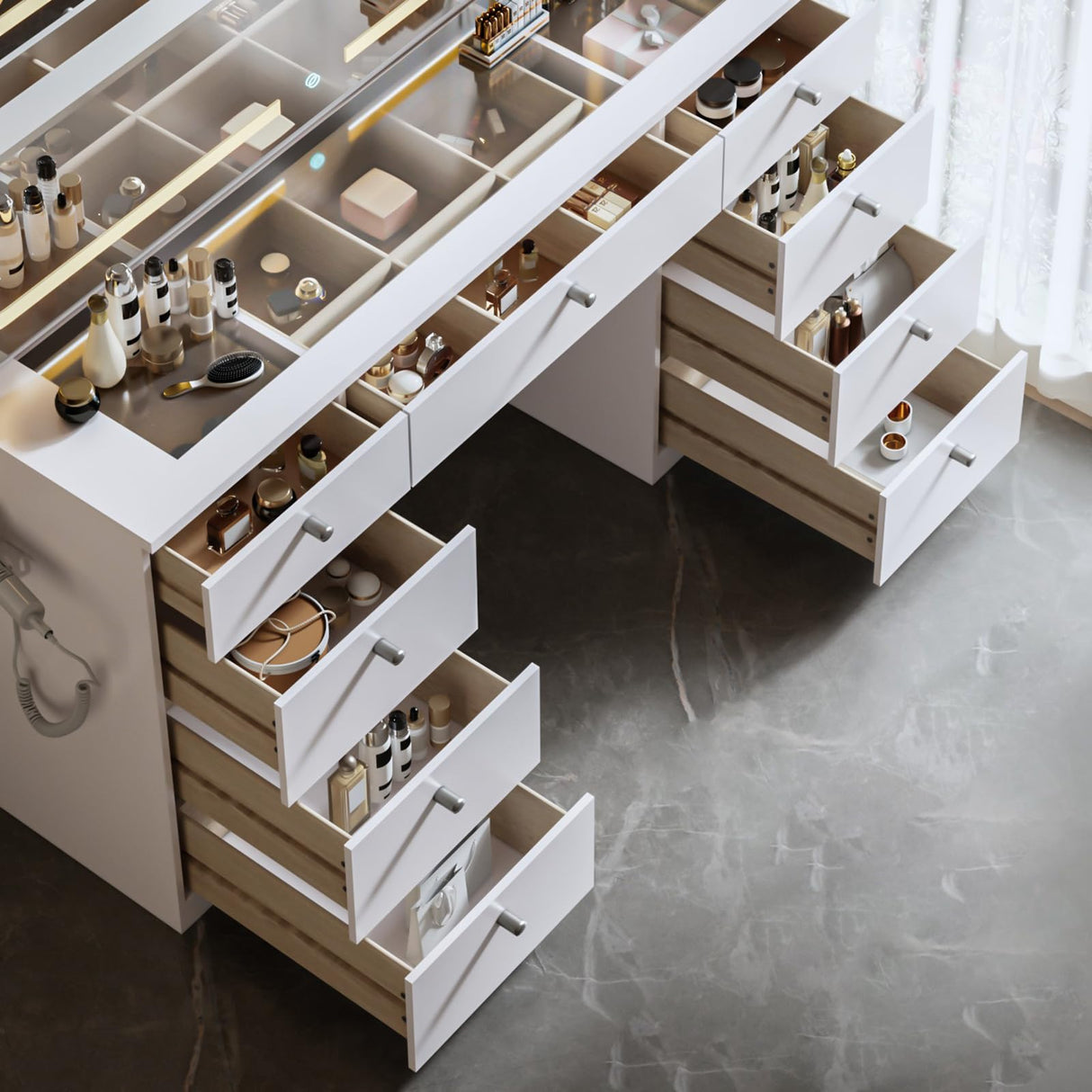 JassmiPkwy 46 INCH Makeup Vanity Desk with Mirror - Glass Tabletop Vanity Table with Lights, Drawers, Power Outlet, Large Storage Desk for Bedroom, White JassmiPkwy