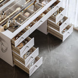 JassmiPkwy 46 INCH Makeup Vanity Desk with Mirror - Glass Tabletop Vanity Table with Lights, Drawers, Power Outlet, Large Storage Desk for Bedroom, White JassmiPkwy