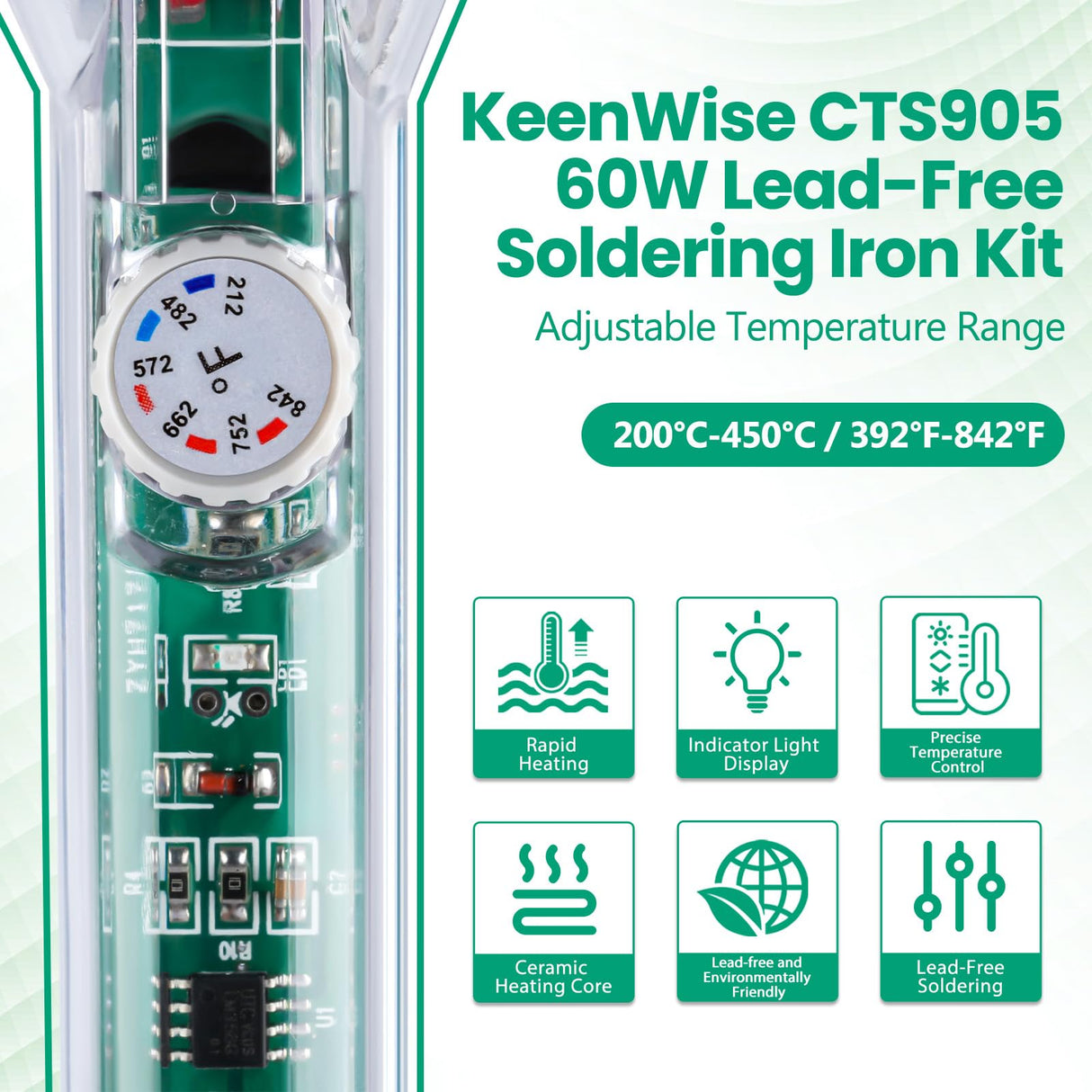 Soldering Iron Kit, 60W Soldering Gun with Transparent Handle, 6 Adjustable Temperature 392-842℉ Solder Kit for Electronics, Includes Soldering Iron Tip, Solder Wire, Stand, Heating Element Core KeenWise