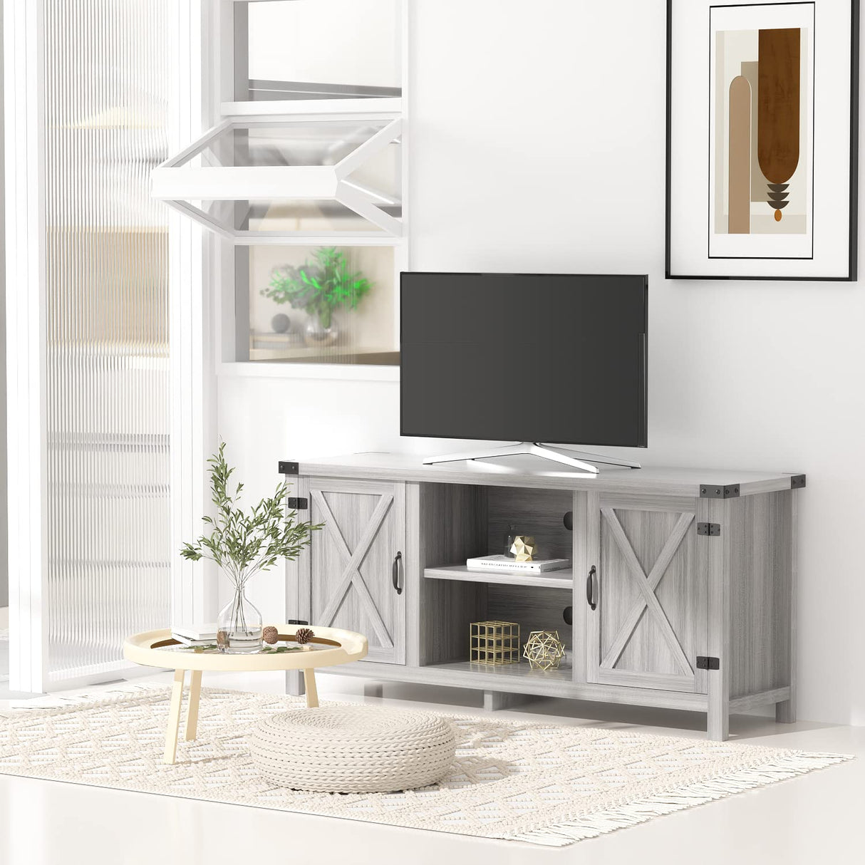 JUMMICO TV Stand for 65 Inch TV Farmhouse Entertainment Center with Double Barn Doors and Storage Cabinets, Console TV Table Media for Living Room, Bedroom (Grey, Without Fireplace) JUMMICO