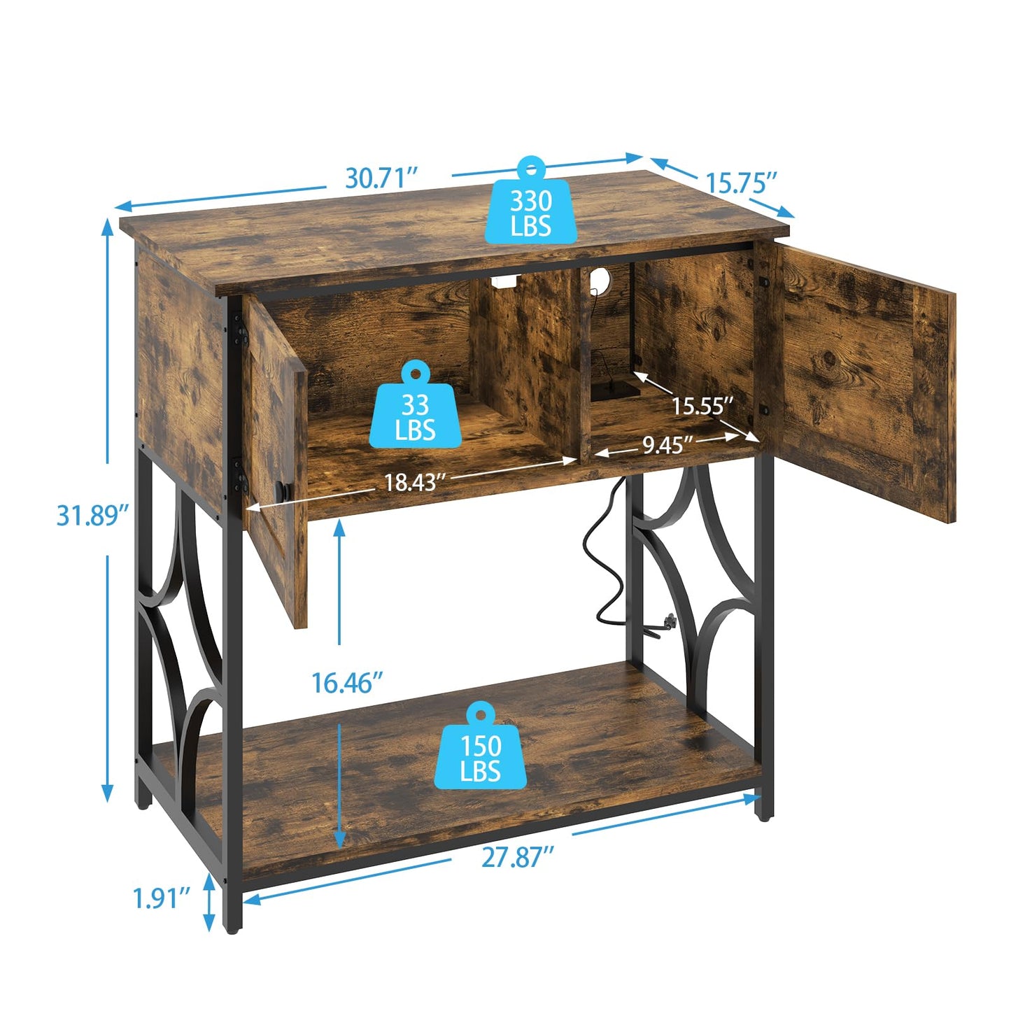 UVANIOHOM 20-29 Gallon Fish Tank Stand with Power Outlets & LED Light, Cabinet for Aquarium Stand Accessories Storage, Metal Fish Tank for Turtle Tank, 30.7" L*15.7" W Tabletop, 330LBS Capacity, Brown