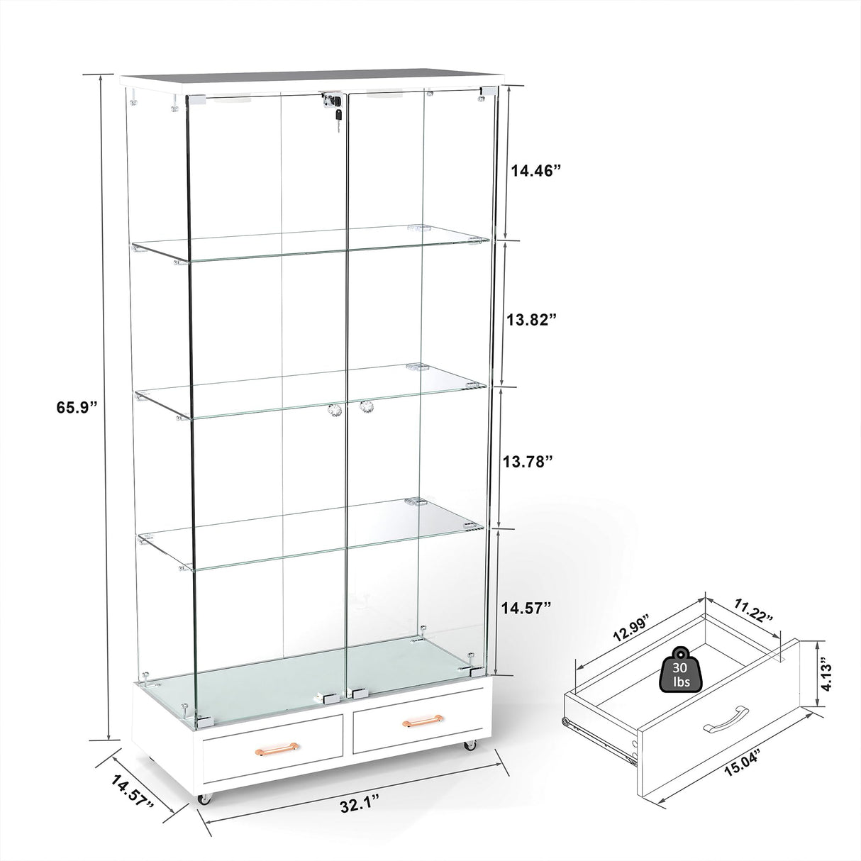 Nimaolt LED Glass Display Cabinet with 2 Door & 2 Drawer, 4-Shelf Curio Cabinet Tempered Glass Floor Standing Bookshelf with Wheels, White Storage Cabinet with Glass Doors for Collections Living Room Nimaolt