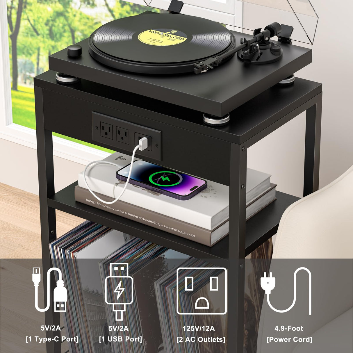 LELELINKY Black Record Player Stand LELELINKY