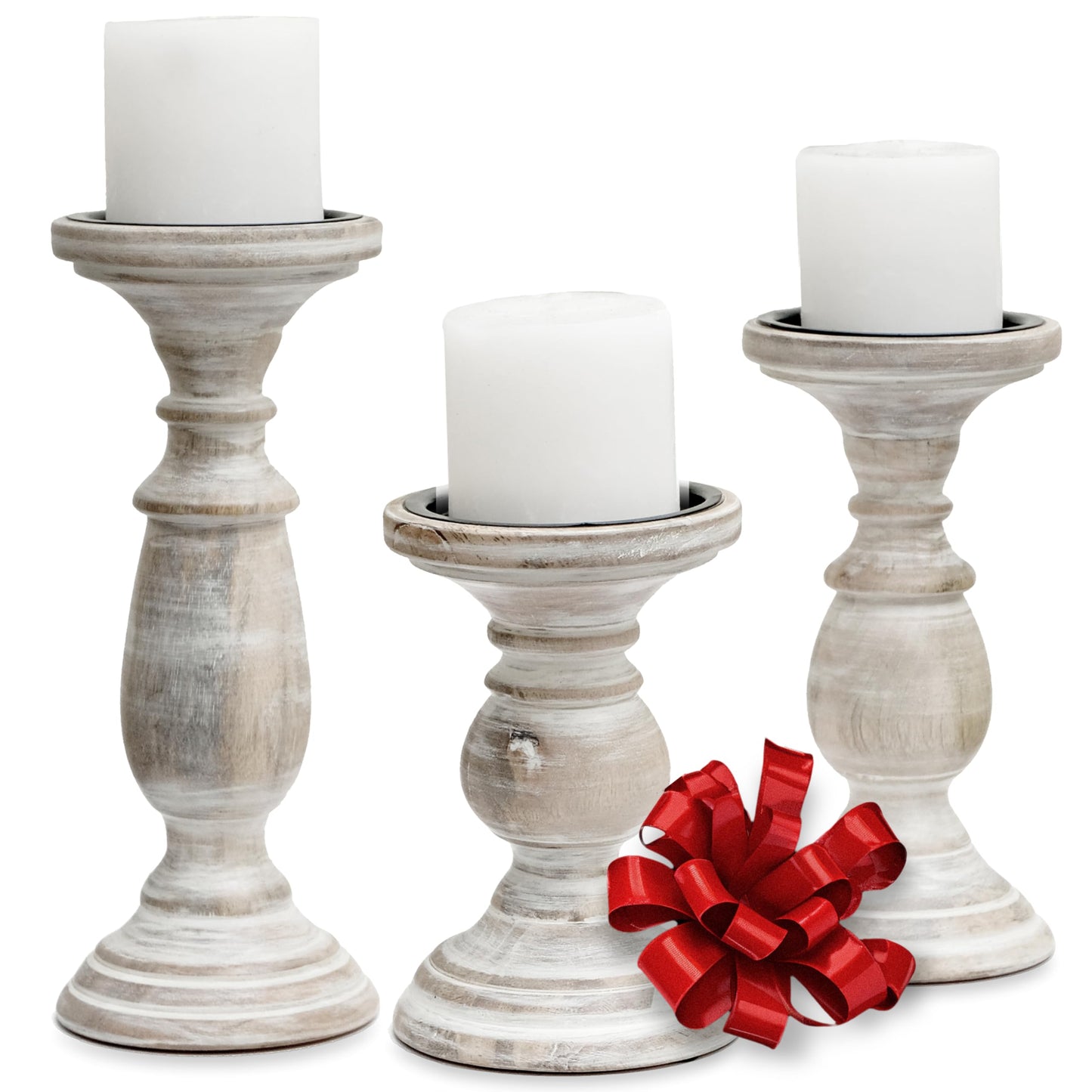 Candle Holders for Pillar Candles, Wooden Table Centerpiece, Set of 3, Wood Candle Holders, Rustic Pillar Candle Holder, Farmhouse Candle Holders Fireplace White - WoodArtSupply