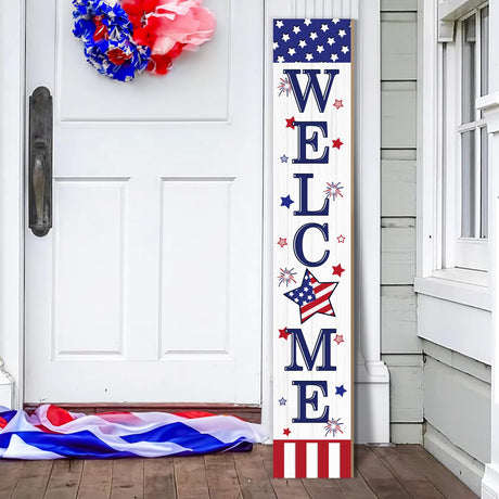 American Flag Welcome Sign for Front Door, USA Flag Wooded Porch Sign For Patio Home Decor Outdoor Yard Sign Standing Welcome Door Sign 4th of July Day Patriotic Garden Sign Wall Decorations KAPLIPE